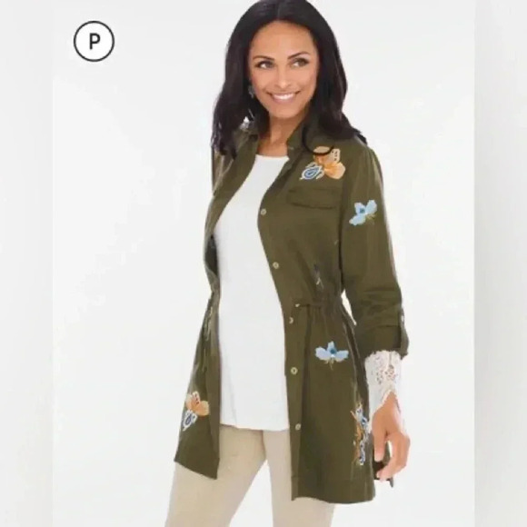 Chico’s Embroidered Anorak Jacket Utility Military Eclectic Casual Chic Boho 4 - Picture 1 of 8
